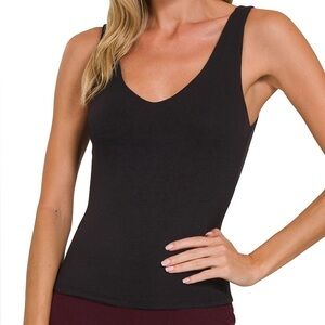 Double-Layered V-Neck Tank Top in Black